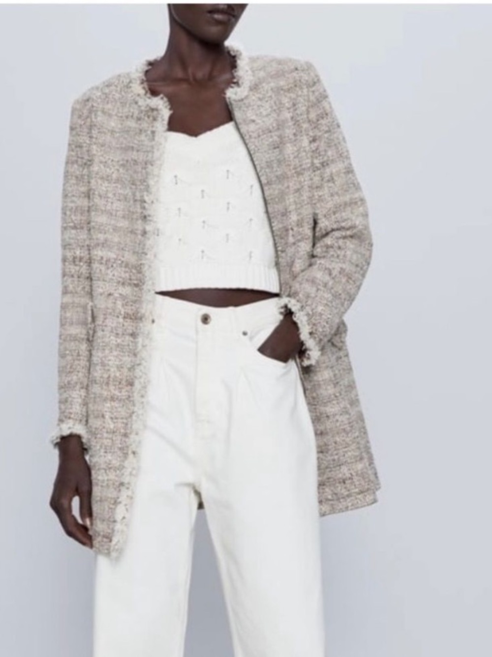Zara Boucle Tweed-Textured Car Coat in Neutral Mix